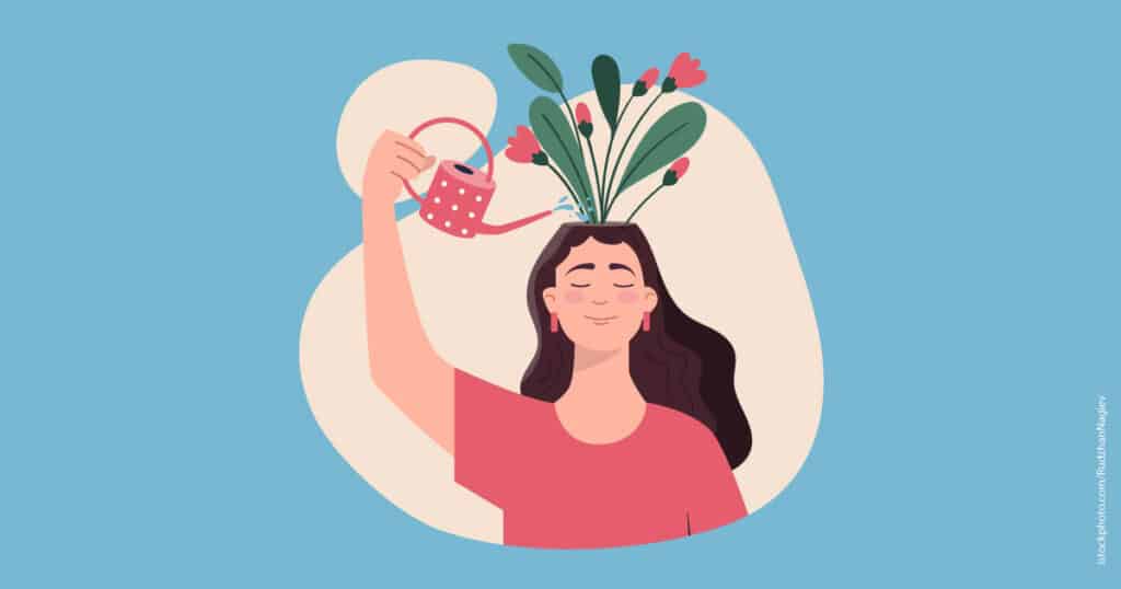 think positive mindset with woman watering flowers on head