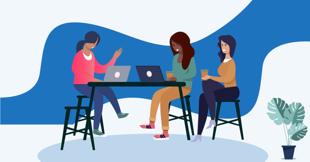 diverse business women working remotely at coffee shop