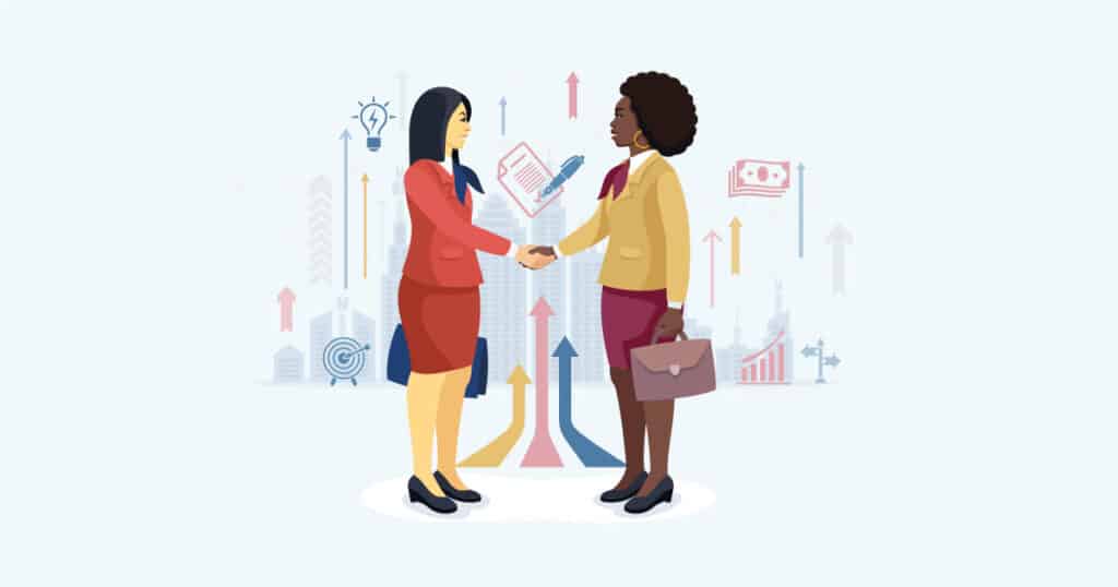 two women shaking hands after negotiations, vector illustration